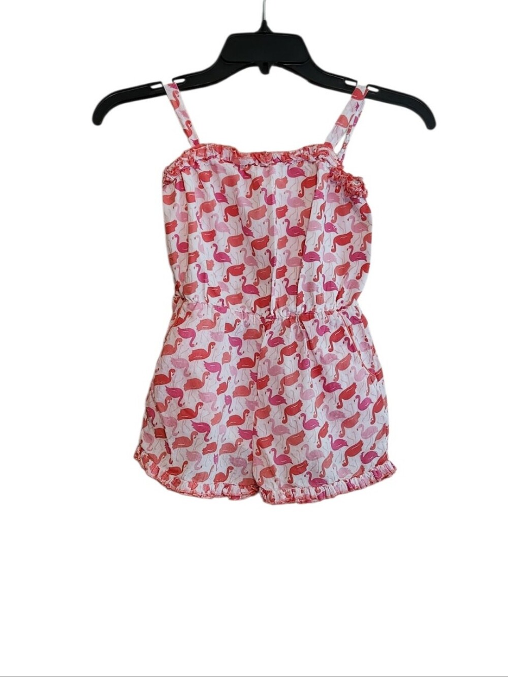 Mini Boden Pink Flamingo Print Cotton Romper Adjustable Straps Ruffle Trim